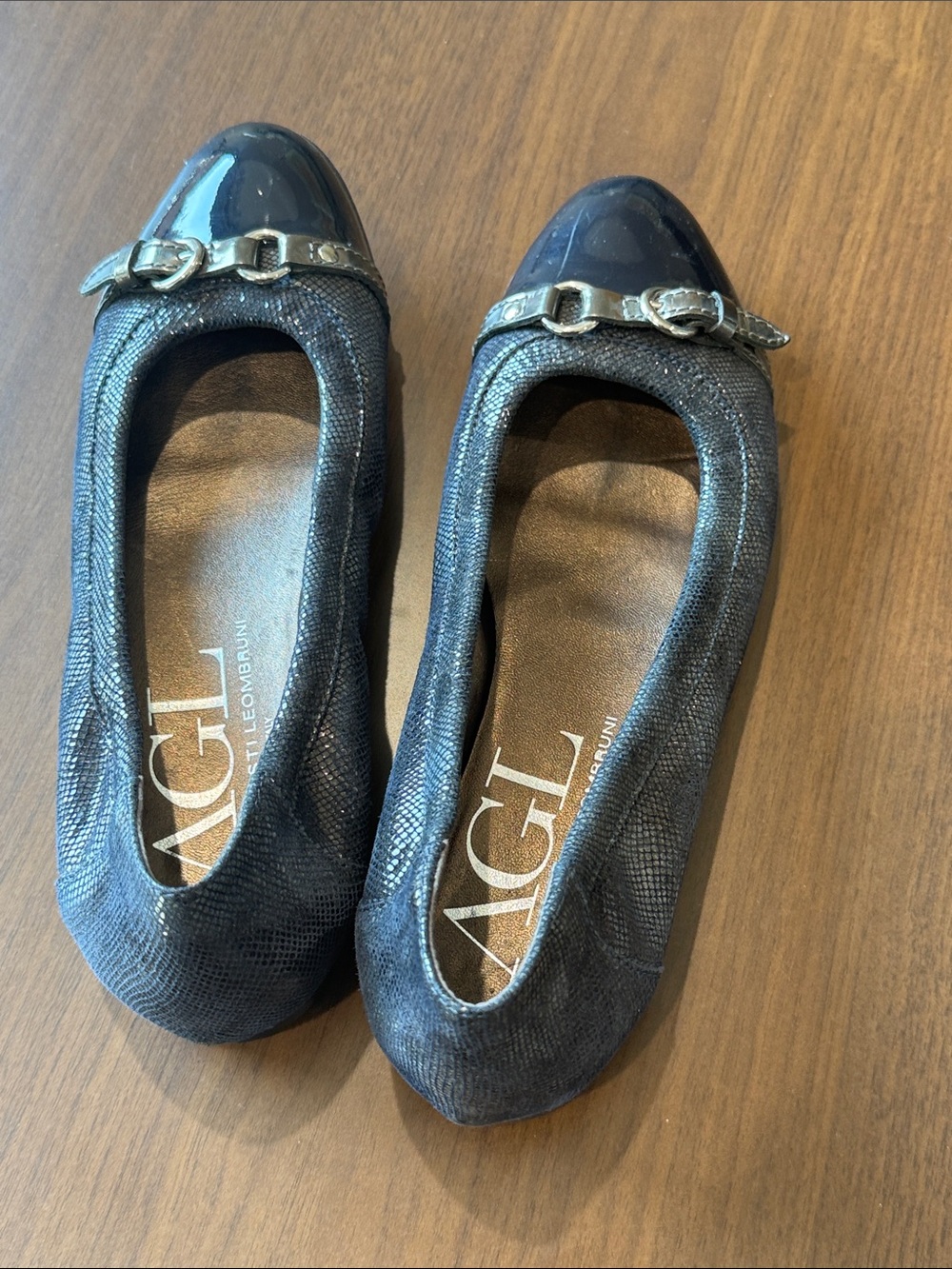 AGL Navy Textured Leather Ballet Flats with Patent Toe Cap and Buckle